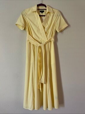 Tahari Yellow Striped Wrap Midi Dress